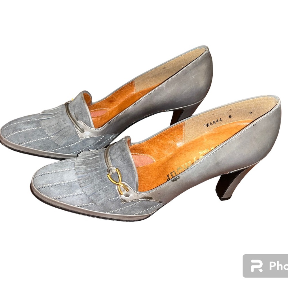 Vintage Mr Seymour Heels Pumps Gray Suede Leather kiltie Fringe size 7 narrow